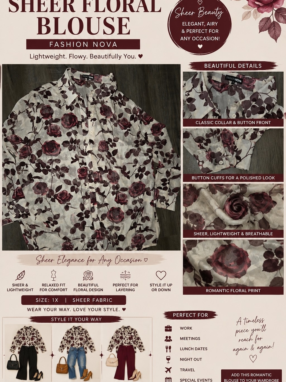 Fashion Nova Sheer Floral Button-Up Blouse - White with Burgundy Roses